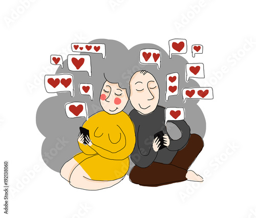 love sms - illustration, two old people / grandparents / using phones. love in old age.