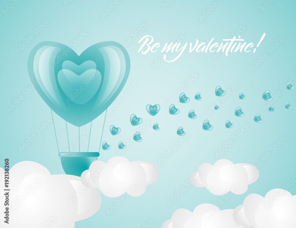 Vector happy valentines day, be my valentine romantic invitation card template with hot air balloon in heart shape, hearts love symbols. Isolated holiday illustration on blue cloud sky background.