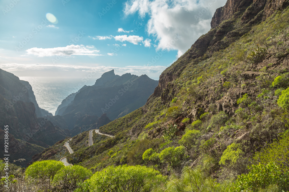 Mountain serpentine. The road is mountainous. The way from Anaga to Santa Cruz de Tenerife. Stunning top view. Anaga, Tenerife, Canary Islands, Spain.