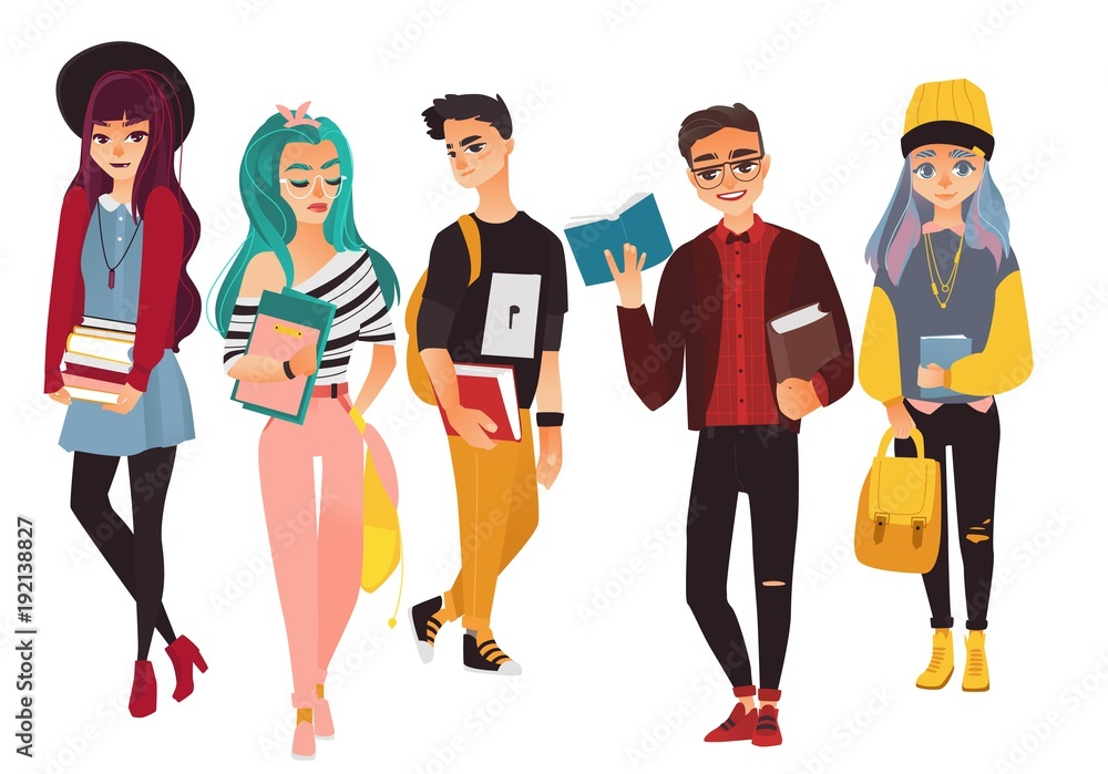 Set of modern, hipster college, university students, boys and girls, flat  cartoon vector illustration isolated on white background. Group of  glamorous college, university student, young men and women Stock Vector |  Adobe