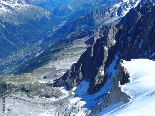 Valley in alpine mountains range landscapes in beauty French ALPS seen from Aiguille du Midi at CHAMONIX MONT BLANC