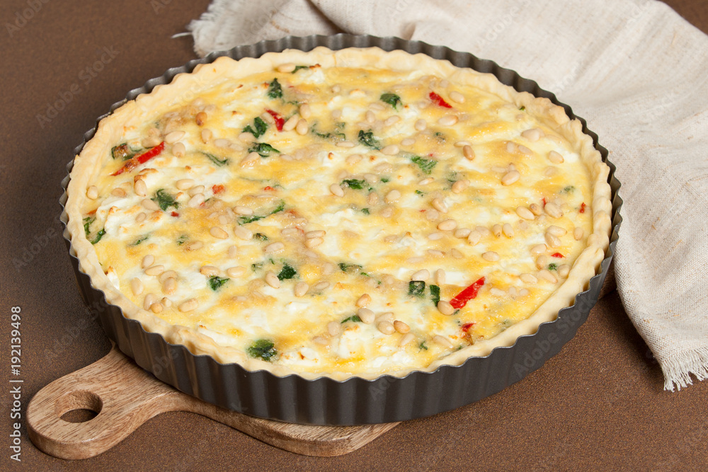 Home Baked Quiche With Spinach, Bell Pepper, Feta Cheese. Home Baked Quiche With Spinach, Bell Pepper, Feta Cheese.