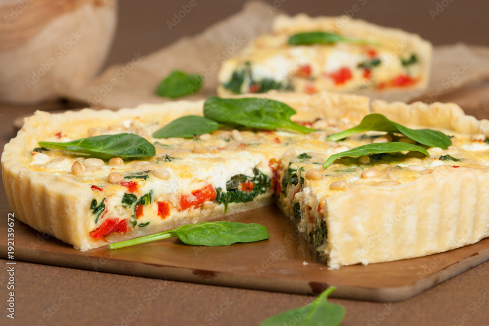 Home Baked Quiche With Spinach, Bell Pepper, Feta Cheese.