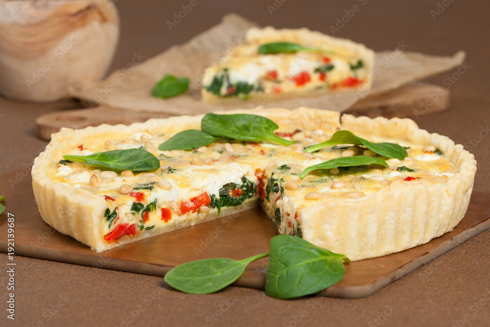 Home Baked Quiche With Spinach, Bell Pepper, Feta Cheese. Home Baked Quiche With Spinach, Bell Pepper, Feta Cheese.