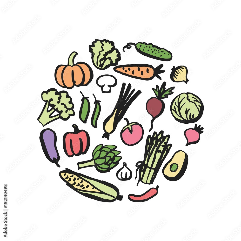 Simple drawn vegetables in a circle shape. Simple drawn vegetables in a circle shape.