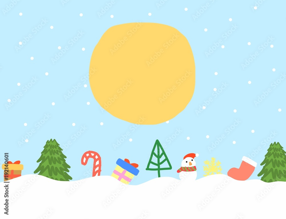 winter season, abstract hand draw doodle christmas tree, snowman, sock, gift box, snow flake on snow landscape at day time with sun, illustration winter season, abstract hand draw doodle christmas tree, snowman, sock, gift box, snow flake on snow landscape at day time with sun, illustration