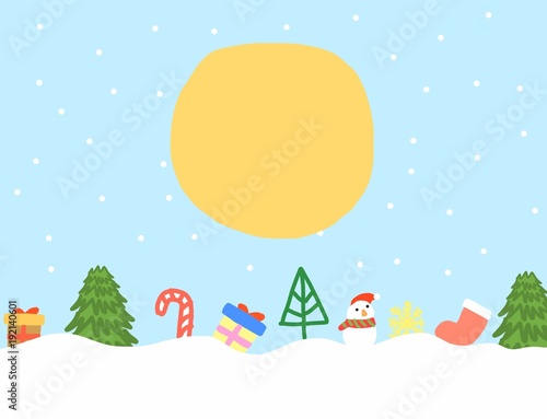 winter season, abstract hand draw doodle christmas tree, snowman, sock, gift box, snow flake on snow landscape at day time with sun, illustration