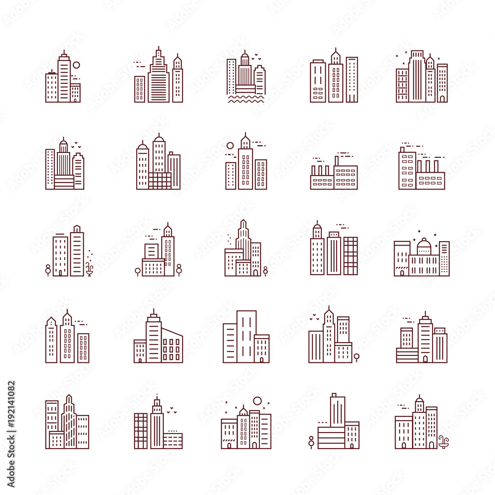 City skyline, urban landscape in linear style, vector icons. Modern Business City Concept.