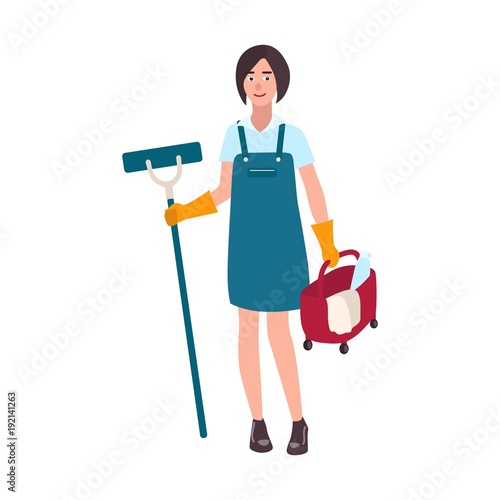 Young smiling woman dressed in uniform holding floor mop and bucket