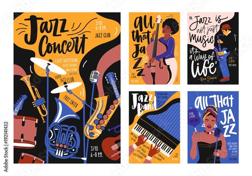 Canvas Print Collection of poster, placard and flyer templates for jazz music festival, concert, event with musical instruments, musicians and singers