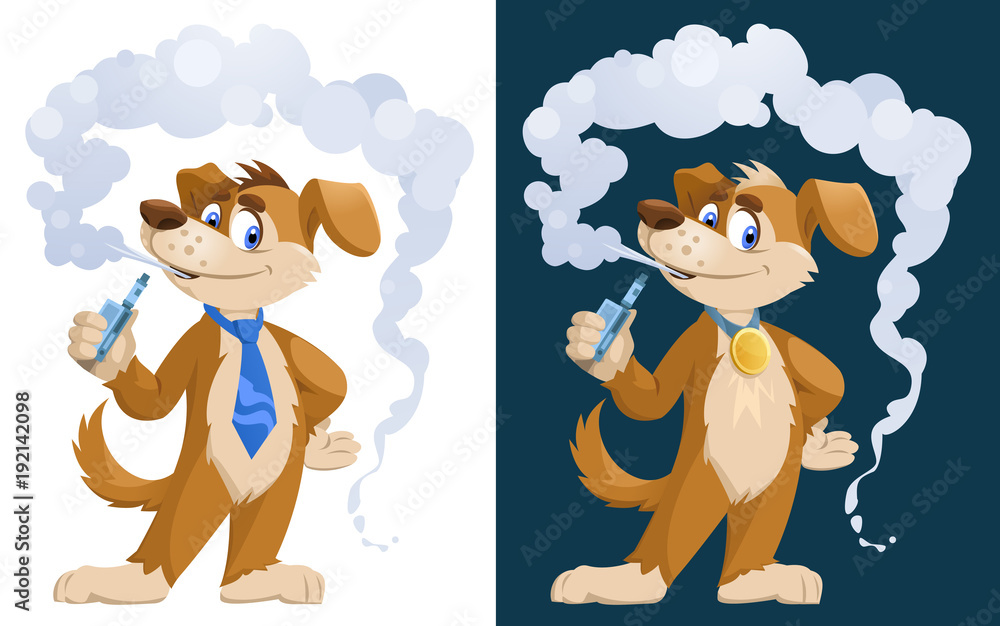Dog vaper. Funny dog smoking electronic cigarette. Cartoon styled vector  illustration. Elements is grouped. On white and dark background. No  transparent objects. Stock Vector | Adobe Stock