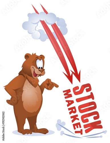 Funny bear watches as stock market falls down. Cartoon styled vector illustration. Elements is grouped.  On white background. No transparent objects.
