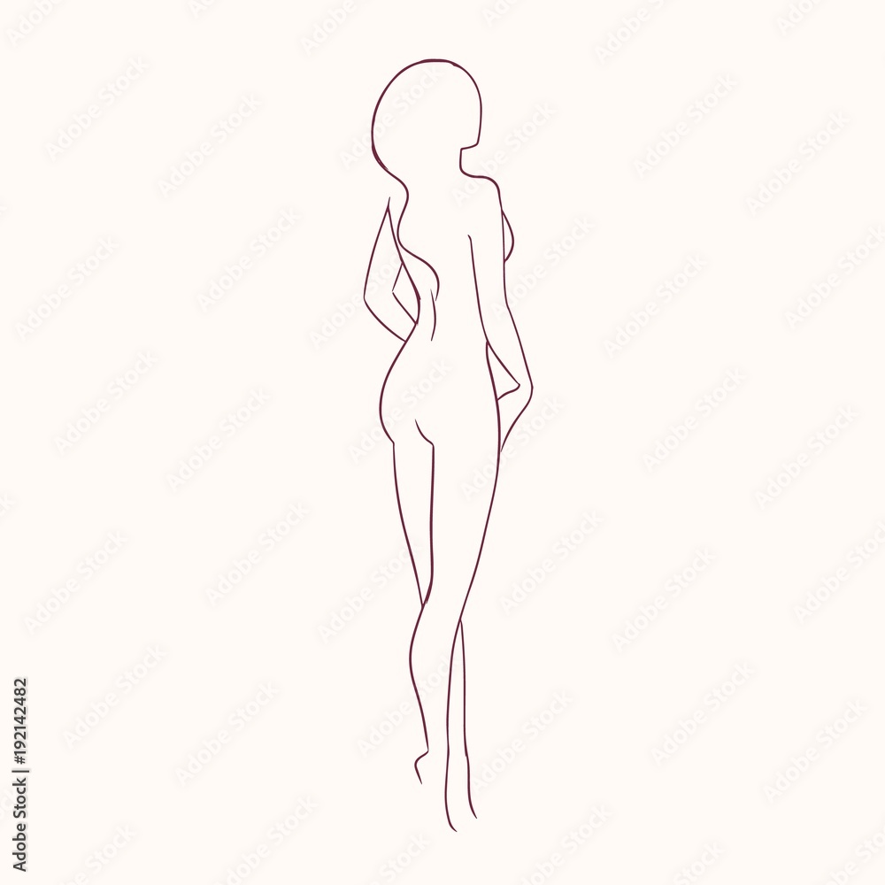 Silhouette of young gorgeous sexy naked woman with slim figure hand drawn with contour lines. Outline of nude female character isolated on light background, back view. Monochrome vector illustration. Silhouette of young gorgeous sexy naked woman with slim figure hand drawn with contour lines. Outline of nude female character isolated on light background, back view. Monochrome vector illustration.