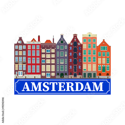 Colorful vector illustration  city view of Amsterdam canal and typical dutch houses. Holland  Netherlands.