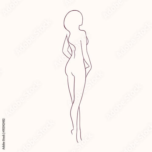Silhouette of young gorgeous sexy naked woman with slim figure hand drawn with contour lines. Outline of nude female character isolated on light background, back view. Monochrome vector illustration.