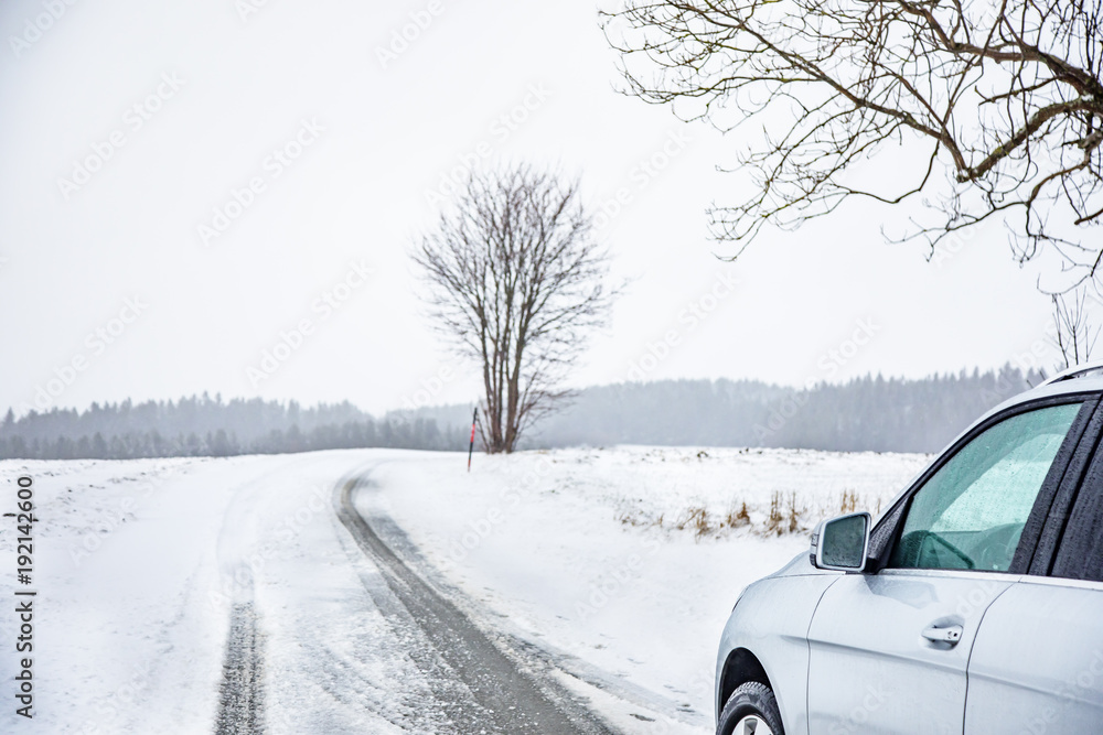 Car traffic on snowy road Car traffic on snowy road
