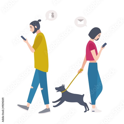 Young woman walking dog on leash and man passing by each other, looking at their mobile phones and checking social networks. People addicted to electronic devices. Flat cartoon vector illustration.