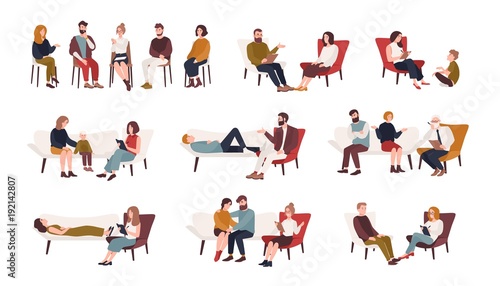 Collection of men and women or married couples sitting on chairs or lying on sofa and talking to psychotherapist or psychologist. Group or family psychotherapy. Flat cartoon vector illustration. photo