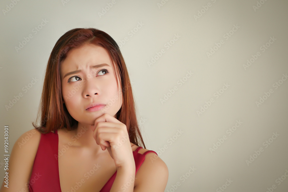 sad worried stressed woman looking up to blank spacd sad worried stressed woman looking up to blank spacd