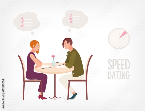 Young man and woman sitting at table, looking at each other and talking. Male and female cartoon characters and check lists inside thought bubbles. Speed dating event. Flat vector illustration.