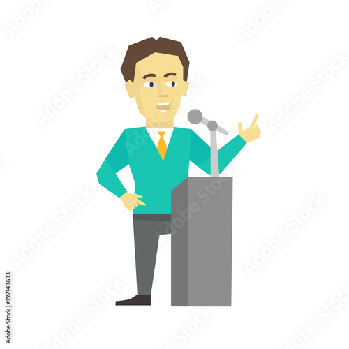 Polemicist speaker. Business man politician. President speech on tribune pulpit. Flat color vector illustration.