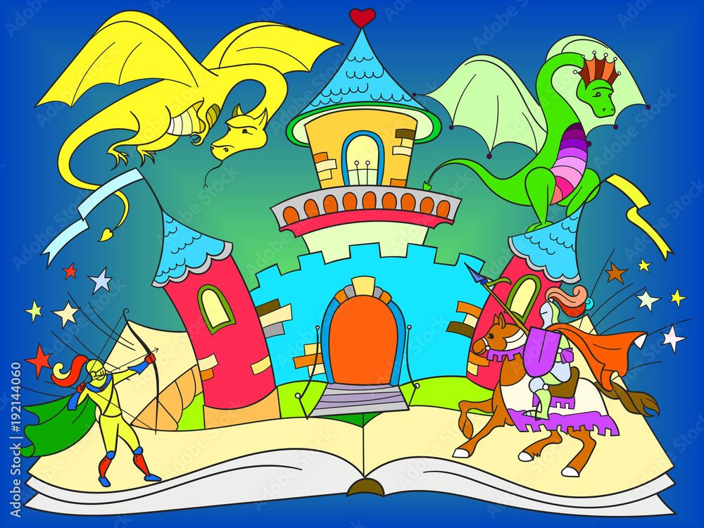 Color fairy open book tale concept kids illustration with evil dragon, brave warrior and magic castle.