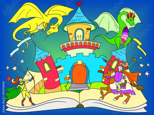 Color fairy open book tale concept kids illustration with evil dragon, brave warrior and magic castle.