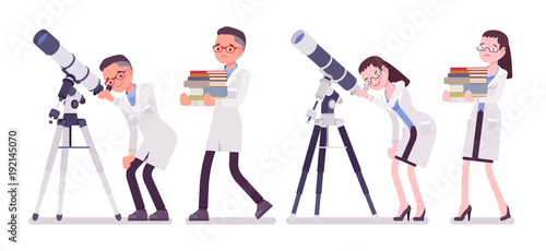 Male and female scientist with telescope