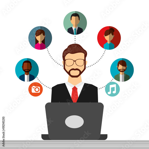 businessman sitting with laptop nad different people talking social media concept vector illustration