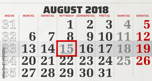 Monatskalender August 2018 Vektor Grafik mit verschiebbarem roten Rahmen 