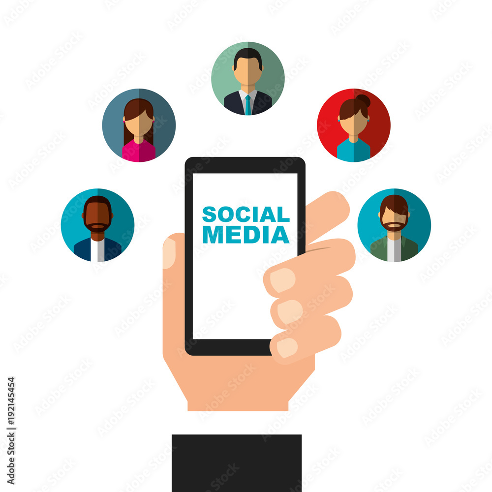 hand holding mobile phone people roudn icons social media vector illustration hand holding mobile phone people roudn icons social media vector illustration