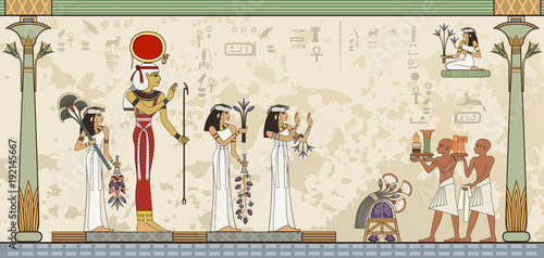 Murals with ancient egypt scene.Ancient egypt banner.Egyptian hieroglyph and symbol.