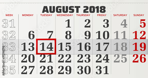 vector calendar of august 2018 with highlighting red frame