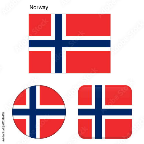 Flag of Norway. Correct proportions, elements, colors. Set of icons, square, button. Vector illustration on white background.