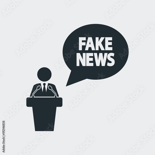 Icono plano mensaje FAKE NEWS con orador en fondo gris