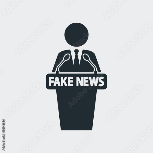 Icono plano orador con FAKE NEWS en fondo gris