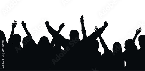 Black vector silhouette of cheering crowd isolated on white background - festival, sport, party