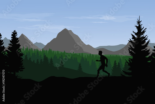 Vector flat landscape with mountains  hills and forest and silhouette of training runner