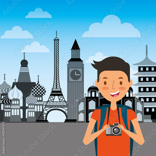 traveler man with camera and different monuments of world