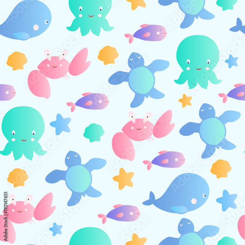 Cute marine animals seamless multicolored vector background.