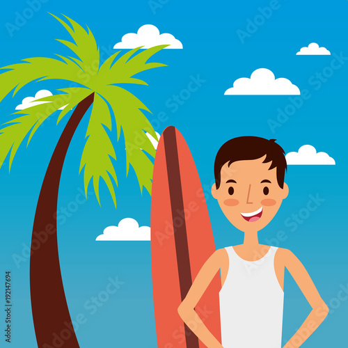 portrait young man tourist wth surfing board and palm sky