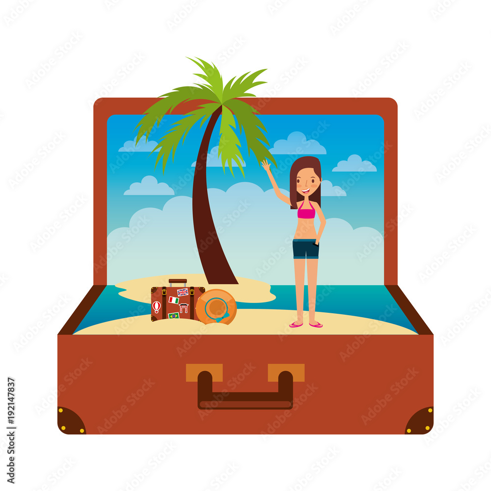 vintage suitcase girl traveler with hat palm beach inside vector