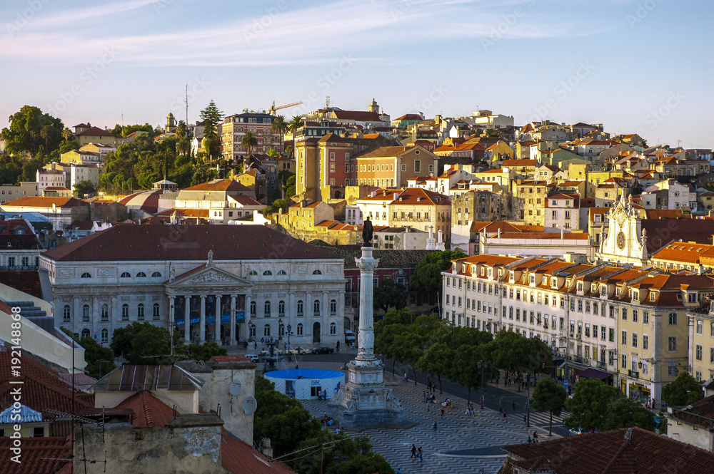 Rossio Square, Column of Pedro IV and Lisbon city view, Portugal