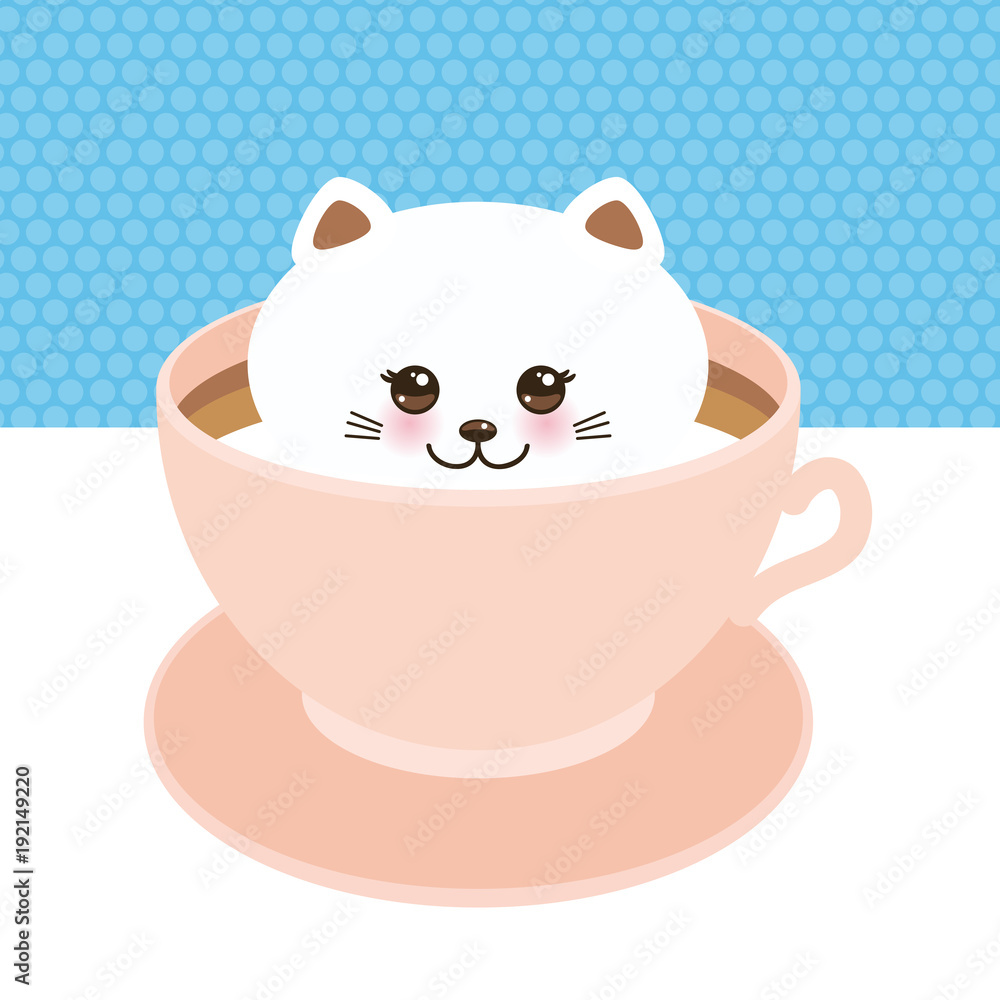 Cute Kawai cat in pink cup of froth art coffee, coffee art isolated on white blue background. Latte Art 3D. milk foam top on the cup of hot coffee or chocolate. Vector Cute Kawai cat in pink cup of froth art coffee, coffee art isolated on white blue background. Latte Art 3D. milk foam top on the cup of hot coffee or chocolate. Vector