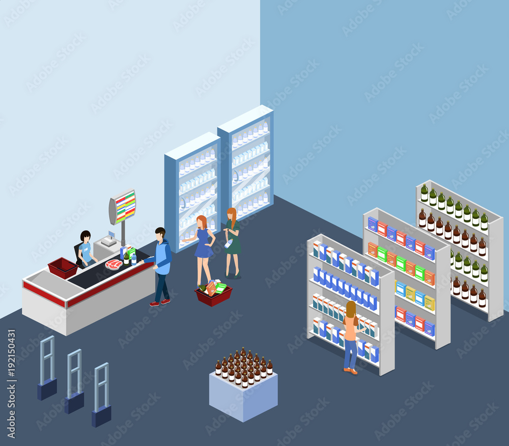 Isometric 3D illustration concept of a grocery store with buyers and cashier