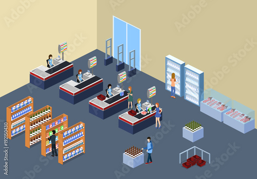 Isometric 3D illustration concept of a grocery store with buyers and cashier