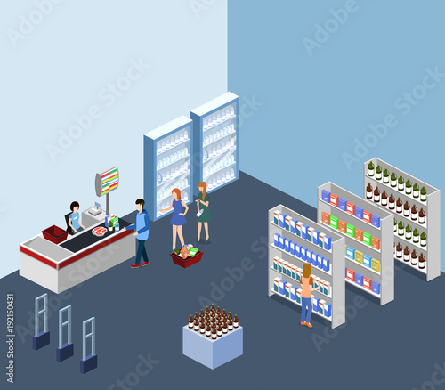 Isometric 3D illustration concept of a grocery store with buyers and cashier