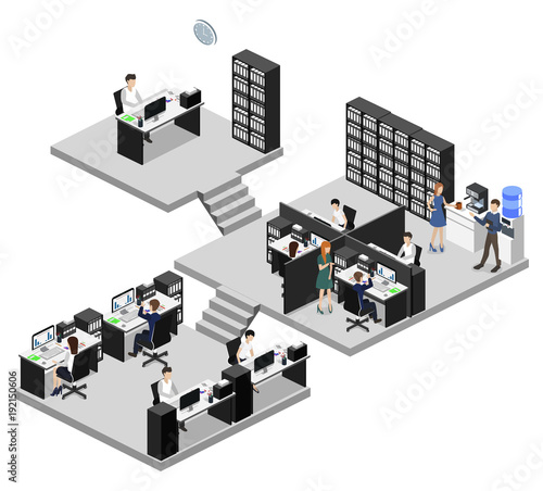 Isometric vector illustration flat 3d office interior departments concept vector.