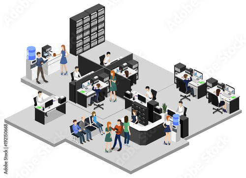 Isometric vector illustration flat 3d office interior departments concept vector.