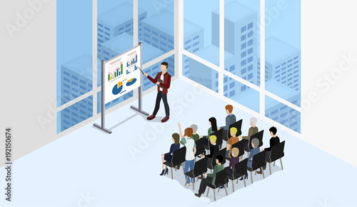 Isometric 3D illustration set Interior of department conference with workplaces